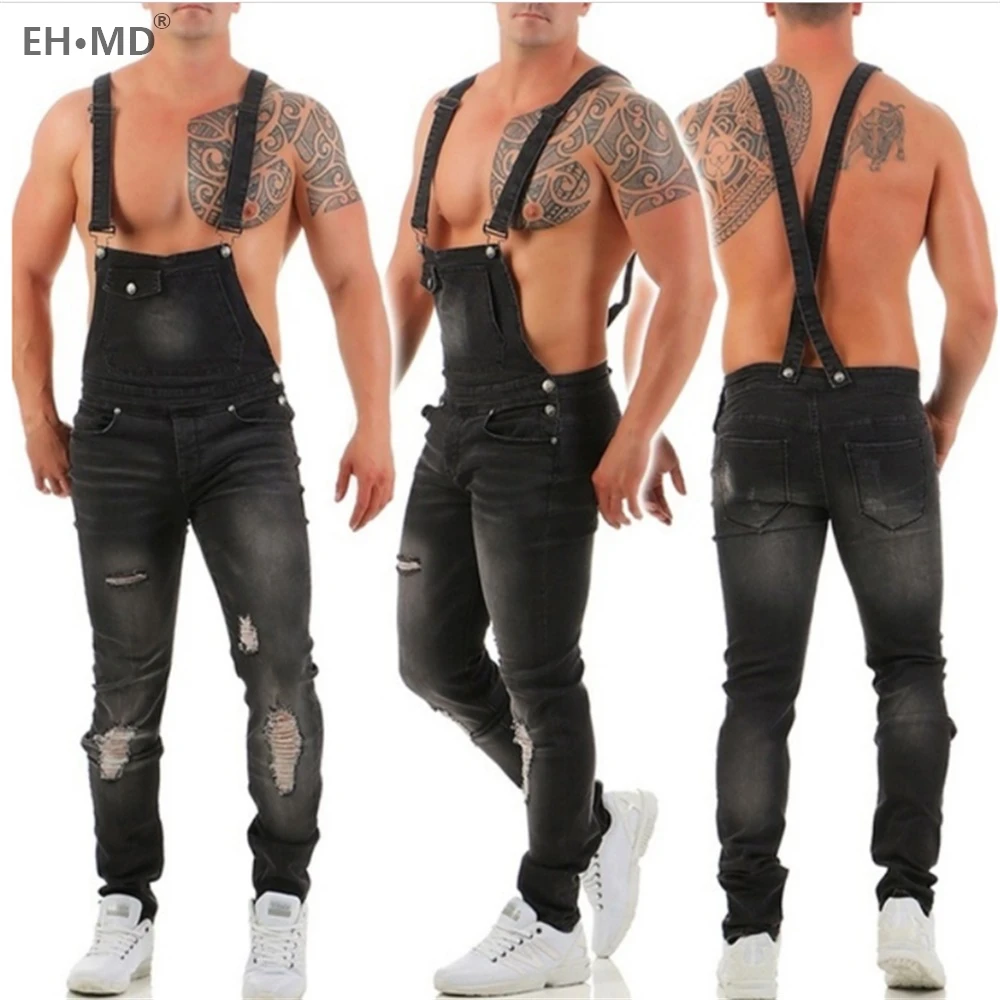 EH · MD®Цельный комбинезон джинсы мужские черные брюки с отверстиями и царапинами