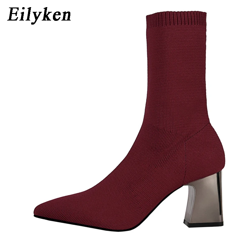 Red Eilyken/модные женские сапоги; Высокий каблук; сексуальный носок; вязаные сапоги; зимние сапоги на квадратном каблуке; женские сапоги с острым носком - Цвет: Red
