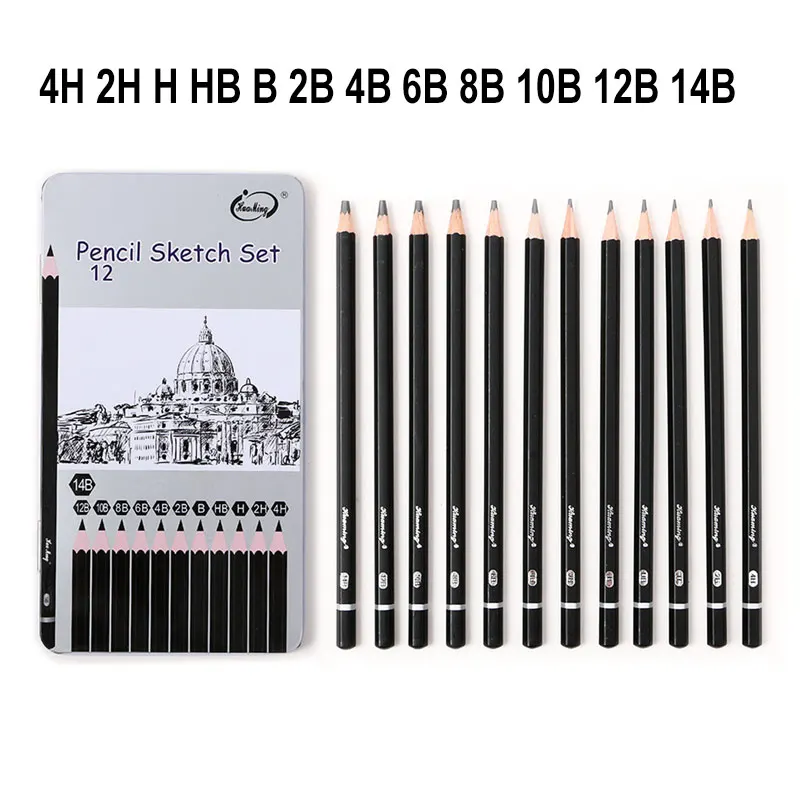 12Pcs 4H-14B Sketch Drawing Pencil 4H 2H H HB B 2B 4B 6B 8B 10B 12B 14B Hard/Medium/Soft Graphite Wooden Art Pencil + Metal Box