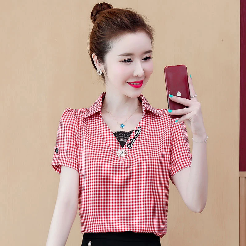 Женские блузки рубашки в клетку повседневные кружевные топы стиле пэчворк