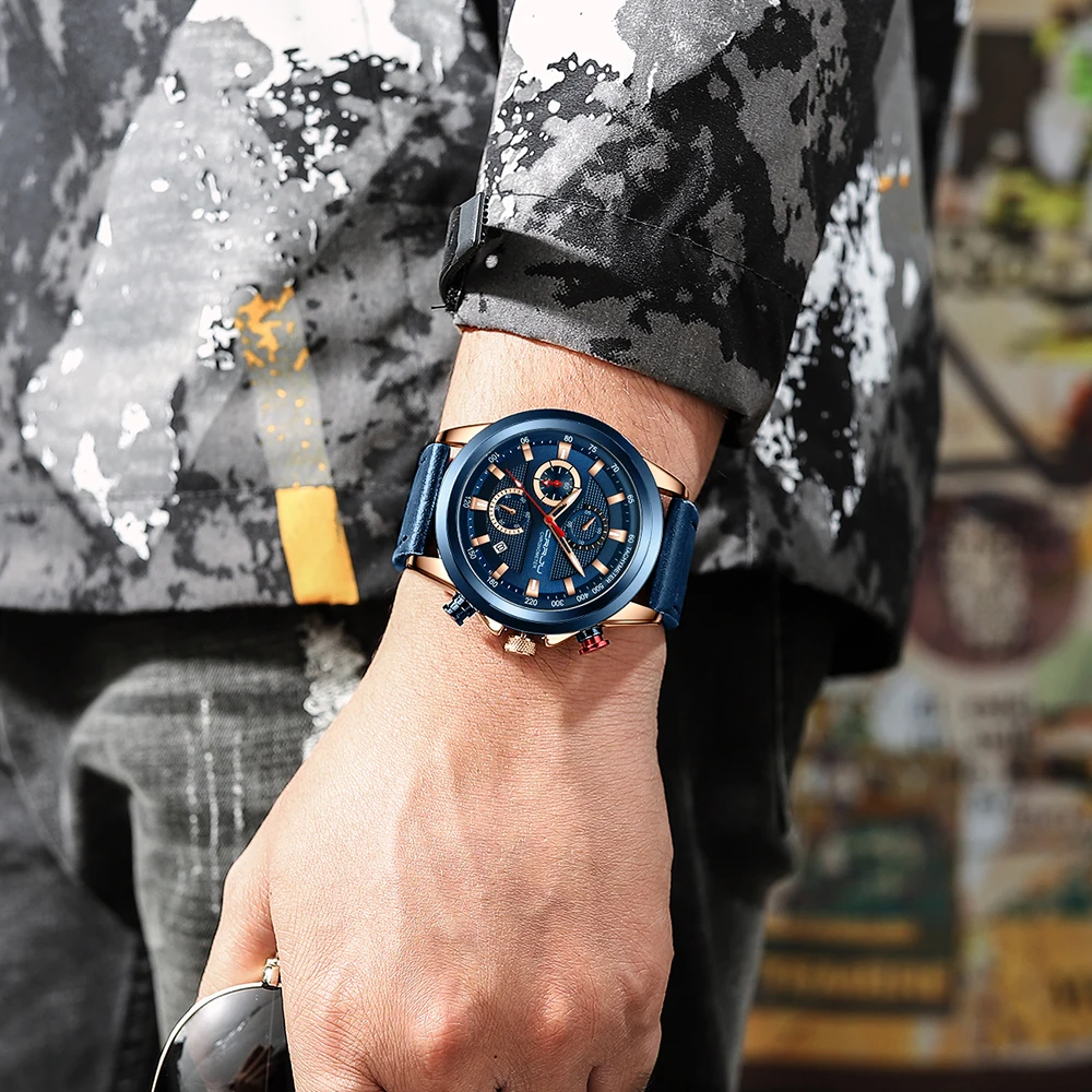Часы CRRJU Мужские Аналоговые Роскошные Синие водонепроницаемые кварцевые