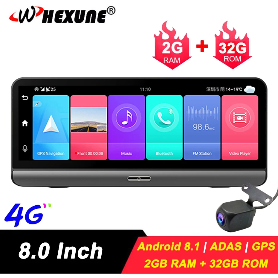 WHEXUNE 8 дюймов 4G Видеорегистраторы для автомобилей Камера FHD 1080P Двойной объектив