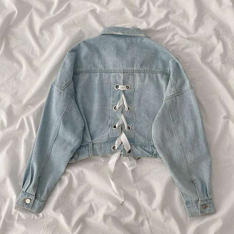 

Vintage Women Jacket 2021 Autumn Loose Denim Jackets Washed Light Blue Jeans Coat Turn-down Collar Outerwear Short Jacket
