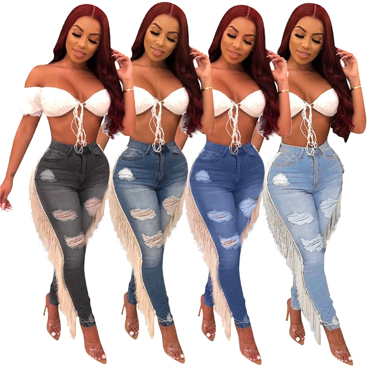 Женские рваные леггинсы с бахромой соблазнительные модные брюки карандаш в