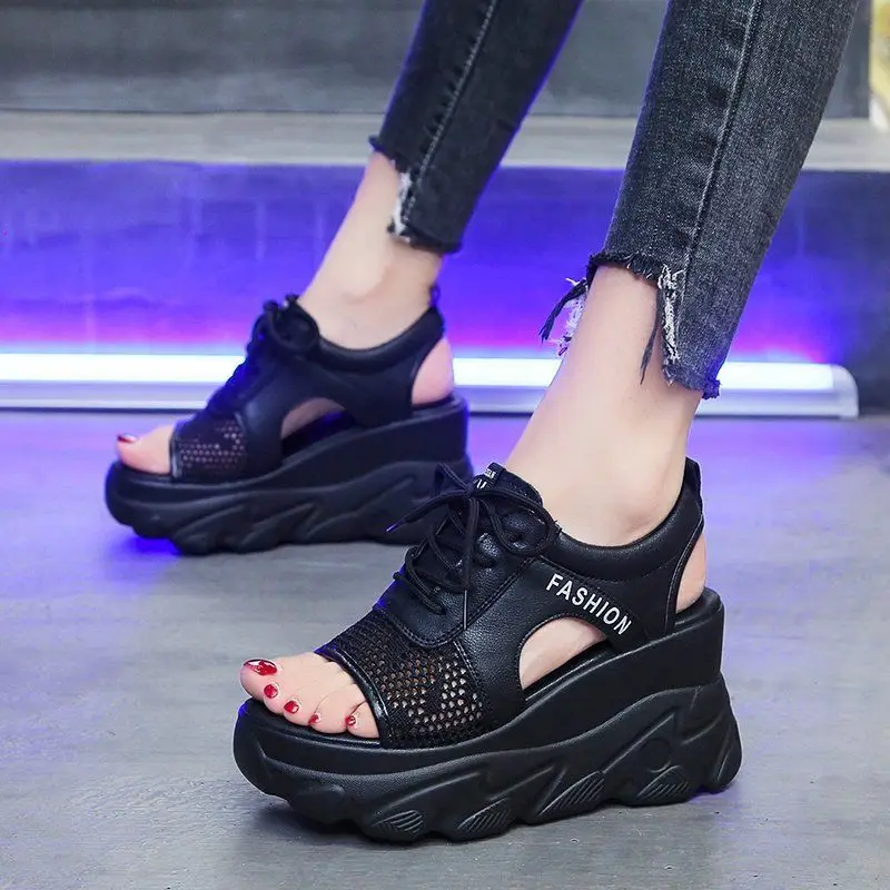

Platform sandals women's high heels 2021 new summer Korean version of all-match fish mouth wedge heel leather inline shoes 7cm