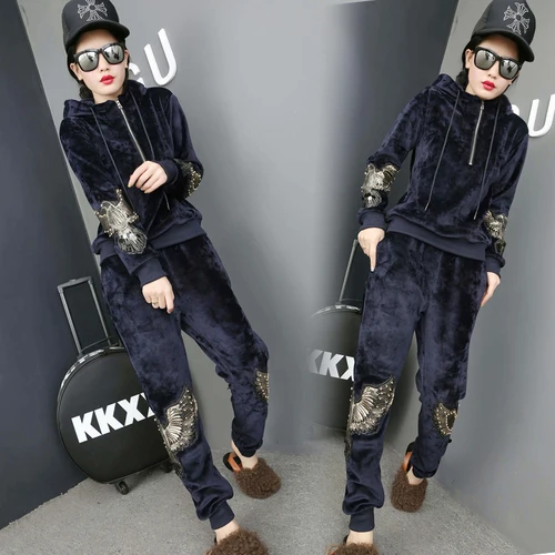 Dark Blue Зимний плотный велюровый женский спортивный костюм, спортивный костюм, теплая толстовка с капюшоном+ штаны, повседневный комплект для бега и тренировок, спортивная одежда - Цвет: Dark Blue