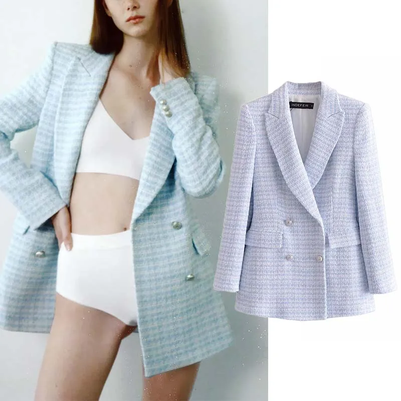 

Za 2021 Blazer Women Jacket Fashion Check Texture Notched Blazers Coat Vintage Long Sleeve Pockets Female Outerwear Chic Tops