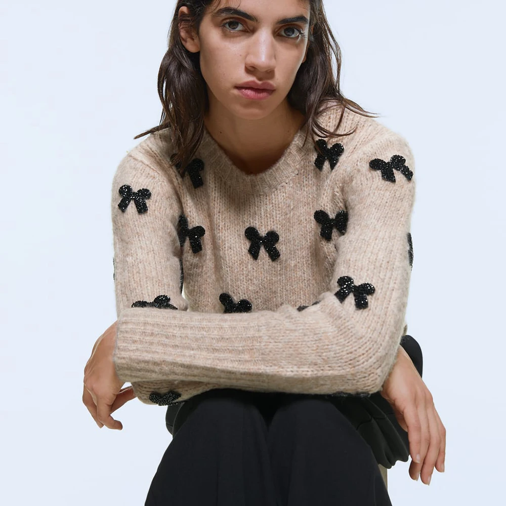 ZA 2019 вязаный свитер с бантиком осенний и зимний женский пуловер длинными