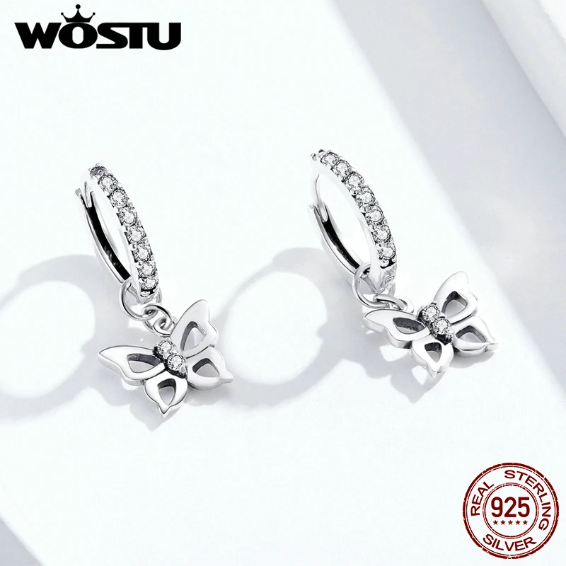 Женские серьги кольца WOSTU элегантные из настоящего серебра 925 пробы с бабочкой