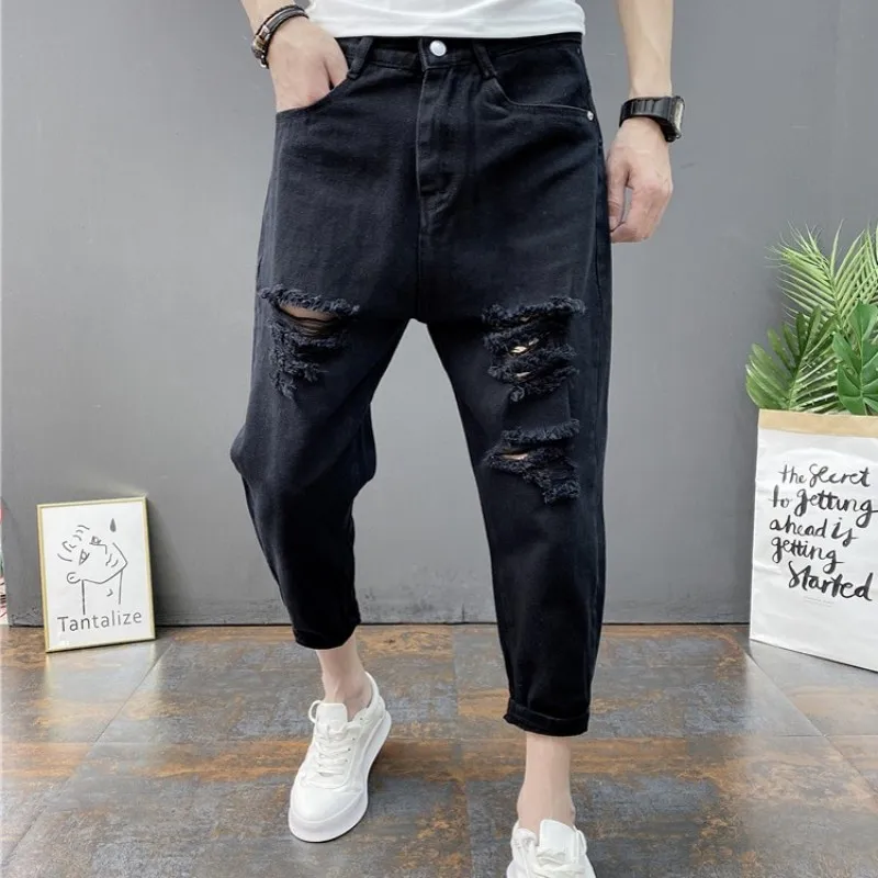 

Fashion Mens Hole Ripped Jeans Harem Pants Plus Size Casual Mid Calf Denim Joggers Pants Male Cowboy Casual Streetwear Trousers