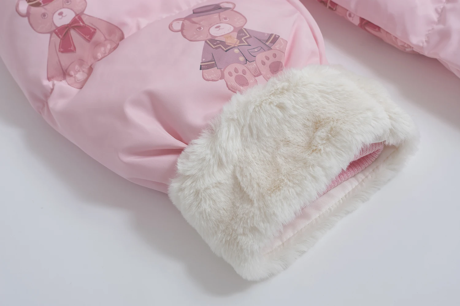 

Lolita Cute Sweet Bears Printed Outwear Lady's Winter Coat Mid-length Fur Hooded Ruffles Hem Thick Warm Bow Women Kawaii Parkas