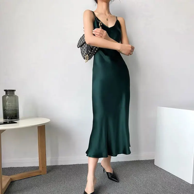 

V-neck Silk Satin Acetate Sexy Sleeveless Dress Soft Fall Properly Ladies Dresses Long Elegant Luxury Shiny Sundress Summer