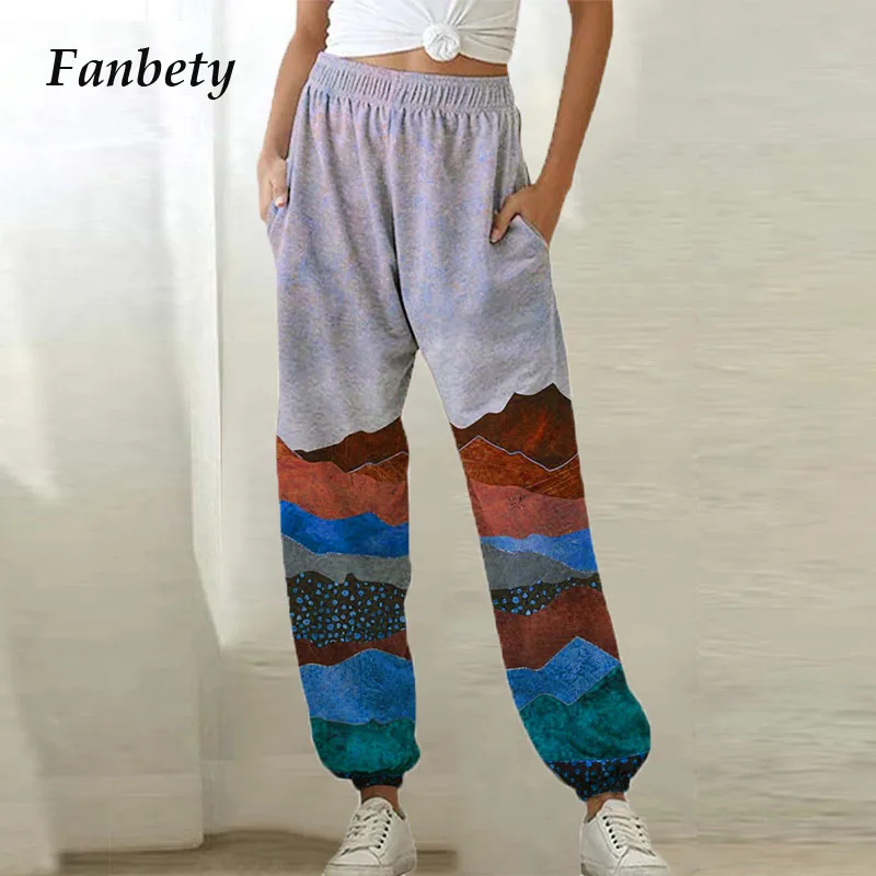 

2020 винтажные брюки с принтом пейзажа, женские осенние модные элегантные длинные брюки с эластичным поясом, женские повседневные свободные ...