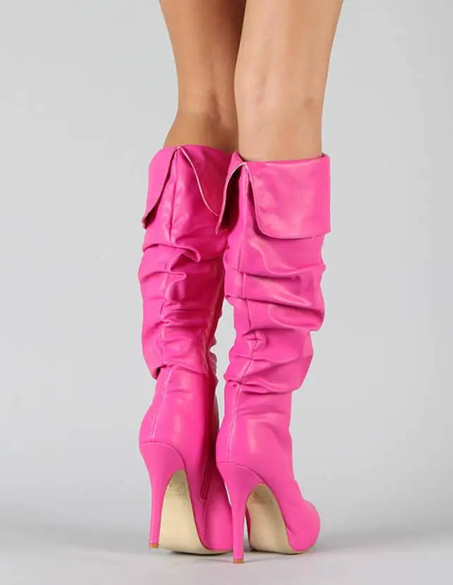 Женские Плиссированные высокие сапоги до колена на шпильке однотонные красные