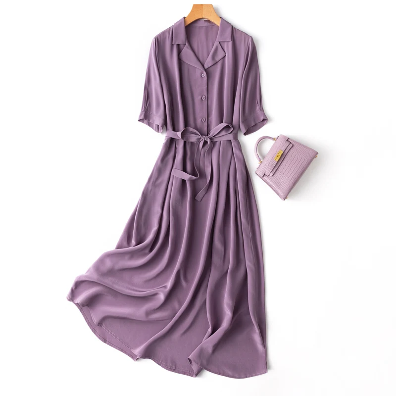 

Women's 100% Pure Silk Purple Color short sleeve Long Shirt Dress with Collar L XL MM165