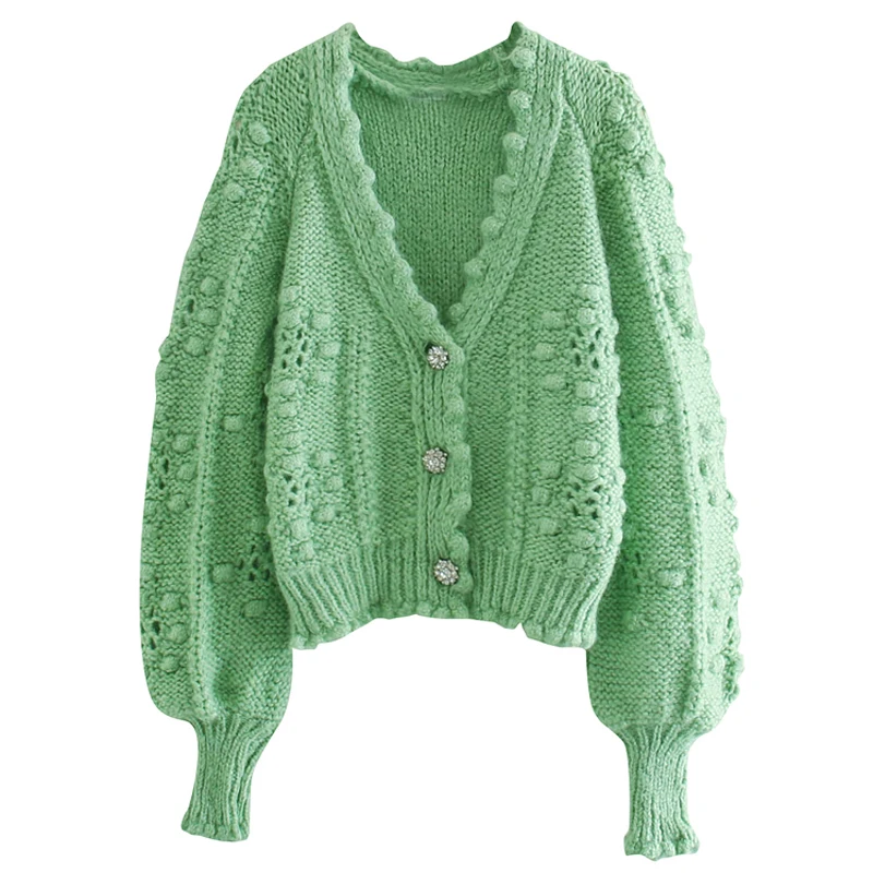 Женская мода V образным вырезом кардиган свитера ажурное трикотажное зеленый