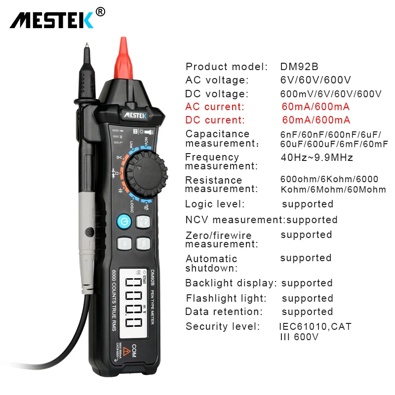 Цифровой мультиметр MESTEK DM92S 6000 отсчетов Карманный с автоматическим выбором