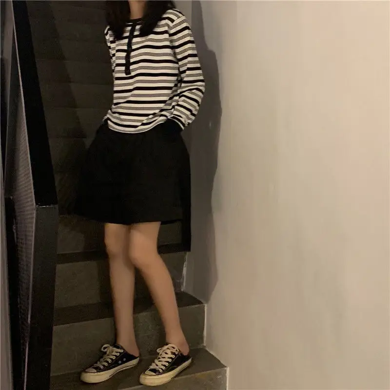 

Pullovers Womens Striped Vintage Harajuku Turn-down Collar Slim Thin Sweater Korean Style Knitted Female All-match Casual Tops