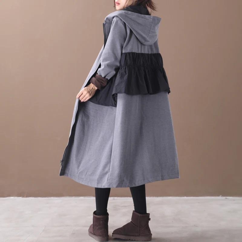 Gray female new autumn and winter plus size korean style outerwear literary ruffled stitching hooded with velvet loose trench - Цвет: Gray