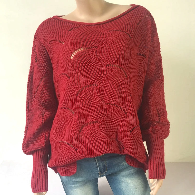 

New Women Long Sleeve Knitting Sweater Thin Loose Bat Sleeves Yellow Pullovers Spring Summer Hollow Fashion Casual Sweater Tops