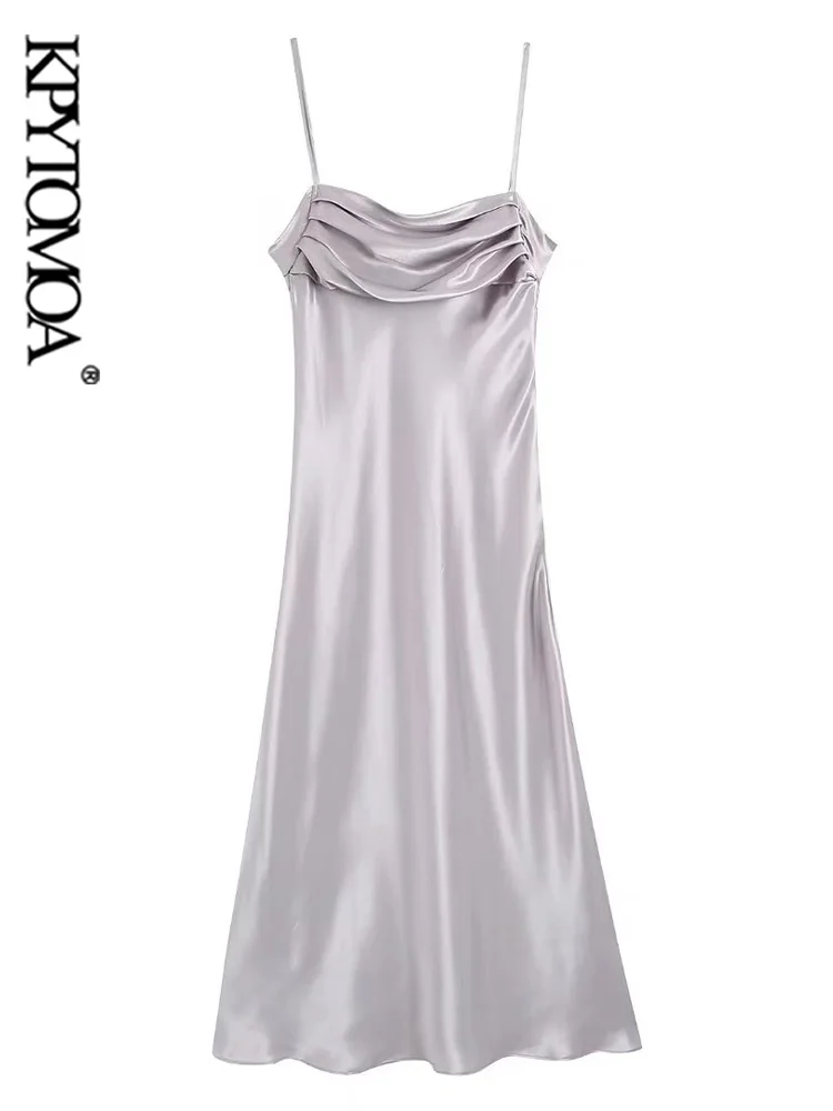 

KPYTOMOA Women Fashion Pleated Soft Touch Midi Camisole Dress Vintage Backless Thin Straps Female Dresses Vestidos Mujer