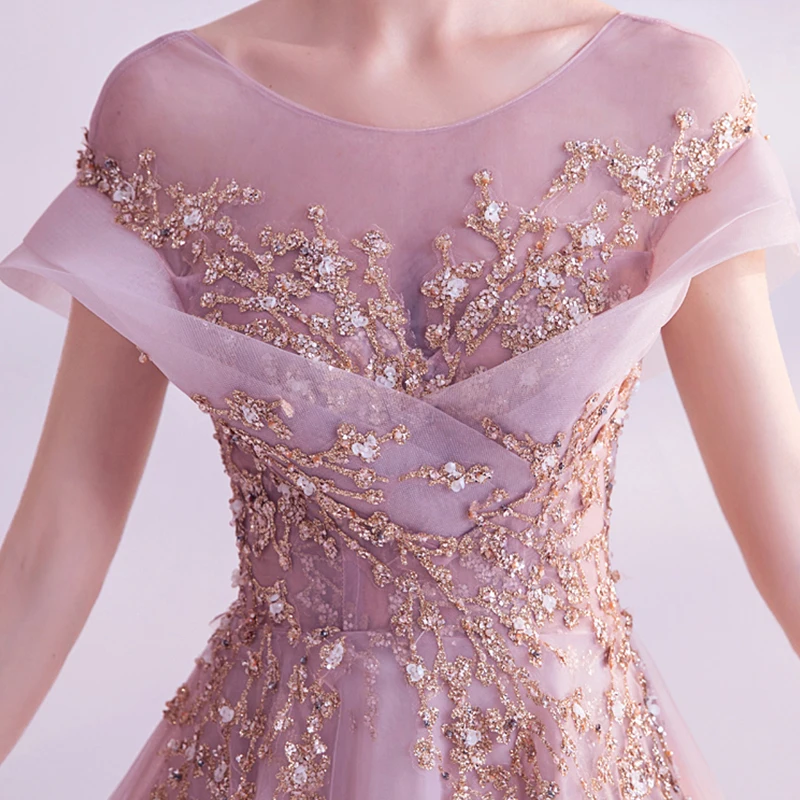 

Off The Shoulder Women Party Gowns O-Neck Short Sleeves Simple A-Line Embroidery Pleat Evening Dress Tulle Elegant Dresses TS026