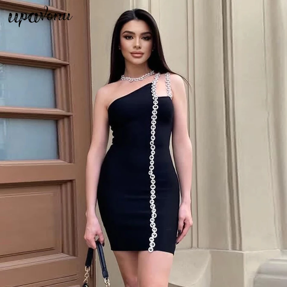 

Free Shipping 2021 Summer Women's Bodycon Bandage Dress Sexy Irregular One-Shoulder Rhinestone Mini Celebrity Club Party Dresses