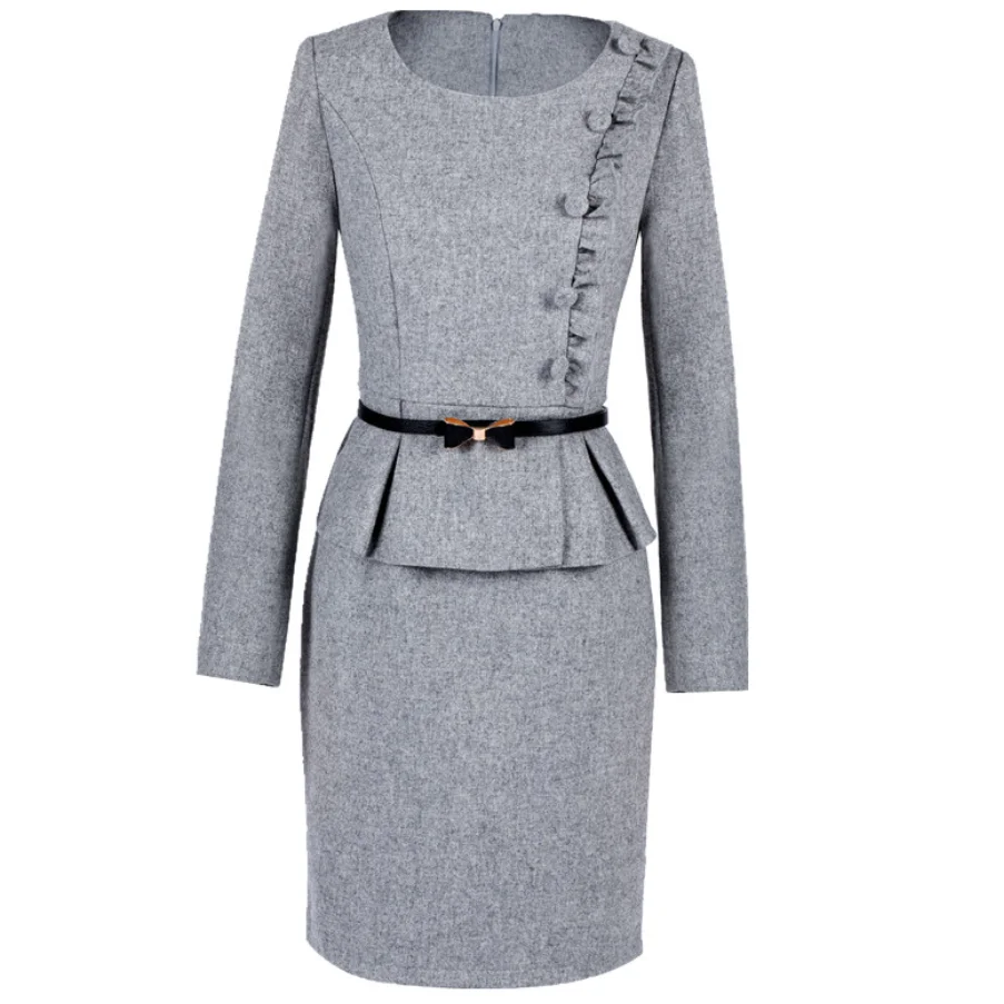 Зимние женские элегантные платья OL модное тонкое шерстяное платье с круглым