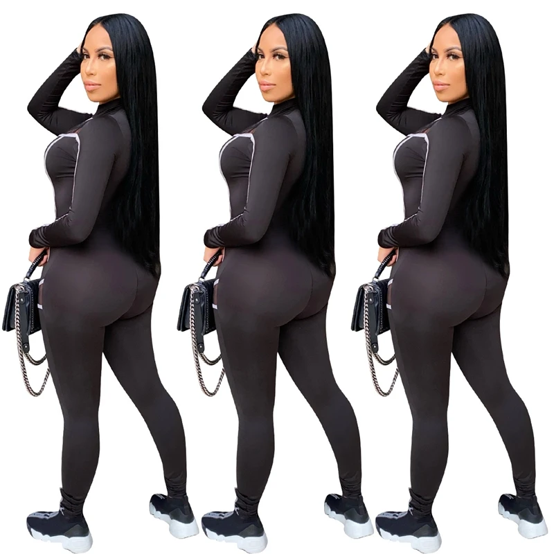 

Women Sexy Bodycon Jumpsuit Streetwear Mesh Patchwork Sheer One Piece Rompers Womens Jumpsuit Skinny Black Long Sleeve Bodysuit