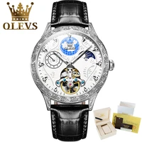 olevs luxury mens automatic watches mechanical wristwatch waterproof leather strap luminous hollow out skeleton watches for men