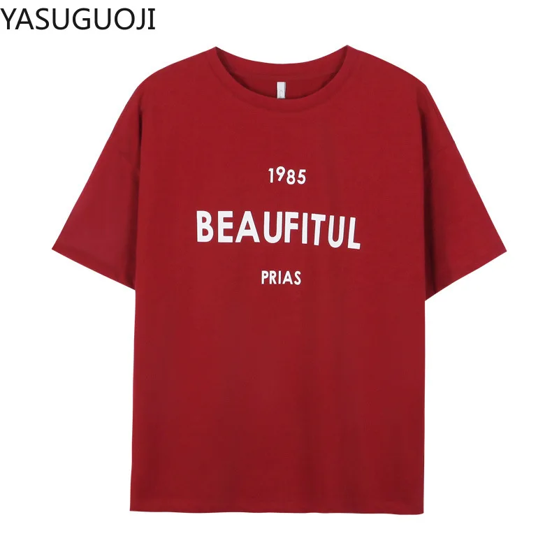 

YASUGUOJI Lettered Printed Short Sleeve T-shirt Women's 2020 Spring New Style Korean-style Casual Versatile Tops