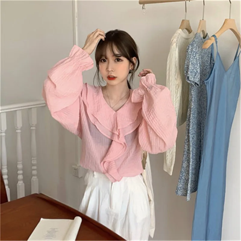 

Women's Blouse Shirt Autumn 2020 Korean Style V-neck Ruffled Blousesolid Color Minimalist Long Sleeve Blusas Casual Lady Tops