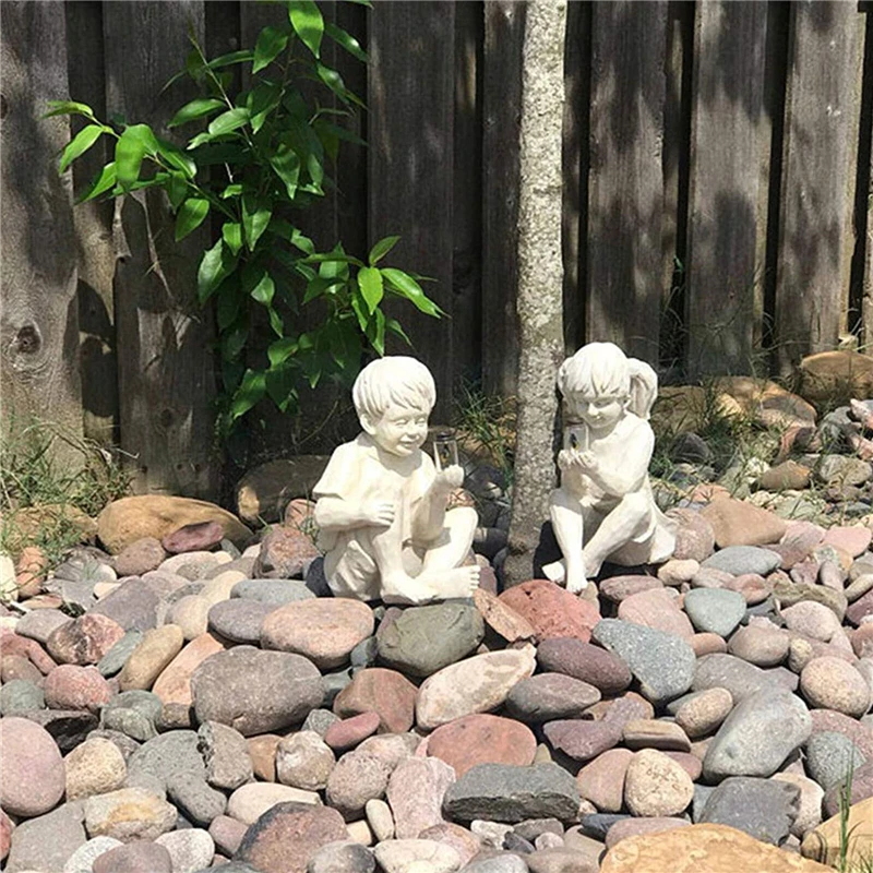 Children Statue Garden Ornament Decorative Solar Lighted Resin Craft Boy Girl Sculpture Landscaping Lawns Yard Pond Decor | Дом и сад