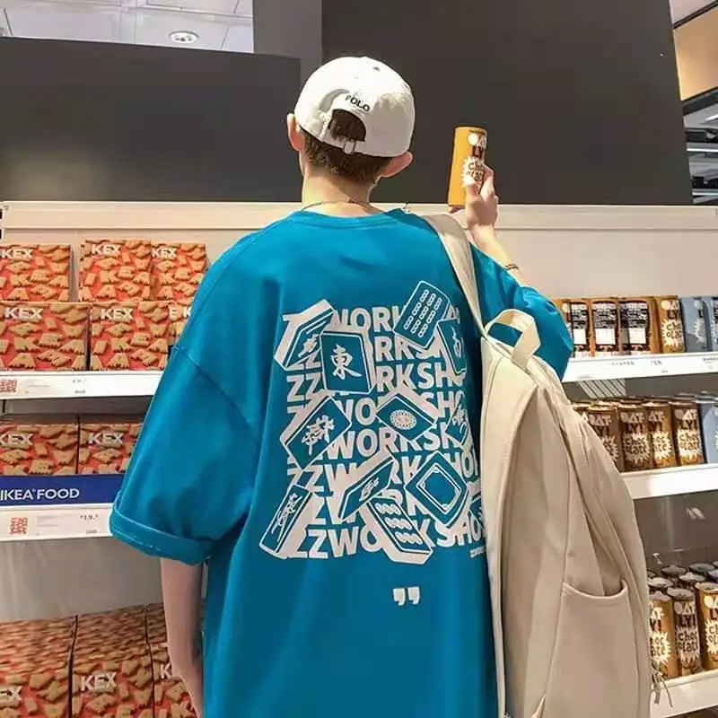 

Модная новая футболка с принтом и коротким рукавом, мужской свободный повседневный летний топ с рукавом до локтя