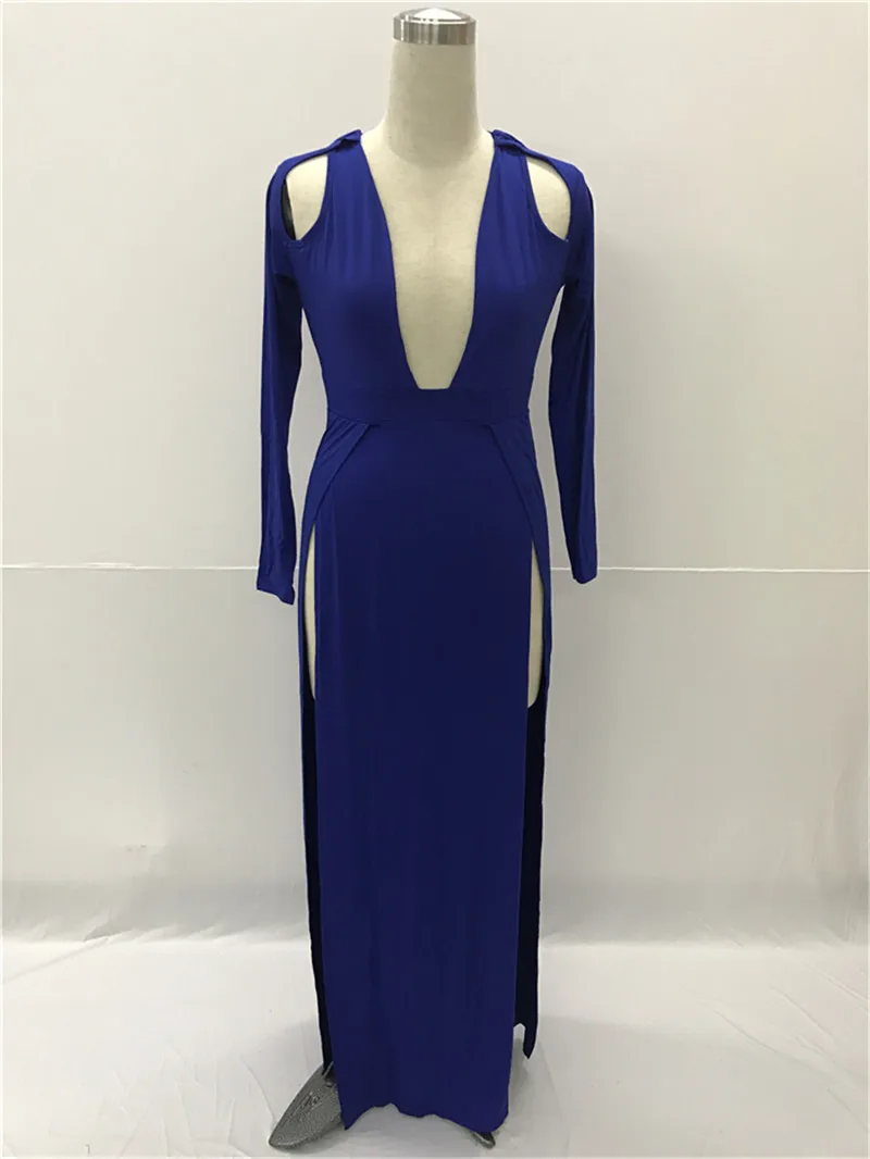 Платье-макси с длинным рукавом глубоким V-образным вырезом и высоким разрезом |