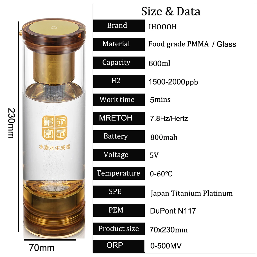 IHOOOH Molecular Resonance 7.8 Hertz Water Rich Hydrogen Generator Bottle Rechargeable PEM Electrolysis Alkaline h2 Glass Cup | Бытовая