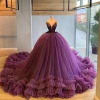 puffy ruffles ball gowns wedding dresses 2022 backless sexy v neck spaghetti straps appliques beaded tulle bridal gowns princess