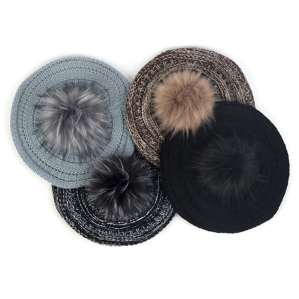 

Женские вязаные зимние теплые береты с помпоном из искусственного меха, смешанные цвета, женская мода, женские шапки с помпонами