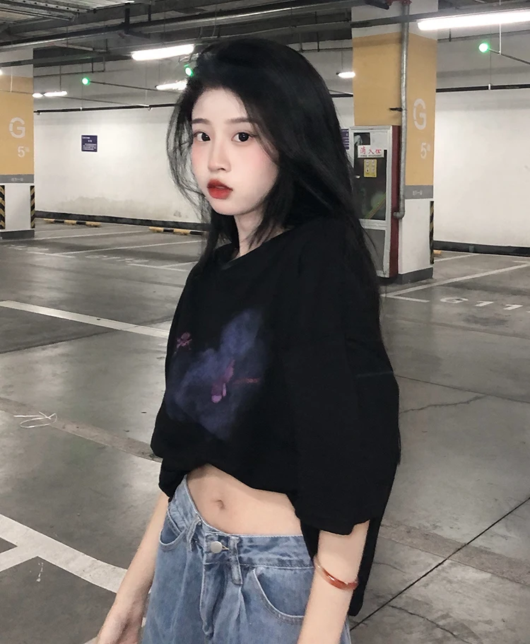 

YTX1837 Summer 2021 new dark tie-dye loose bear print T-shirt