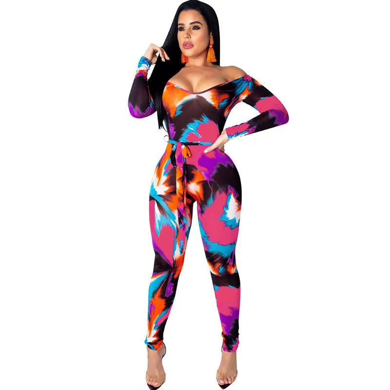 

New Sexy One Piece Bodycon Jumpsuit for Women Slash Neck Off The Shoulder Print Party Catsuit Bohemia Long Sleeve Rompers Sashes