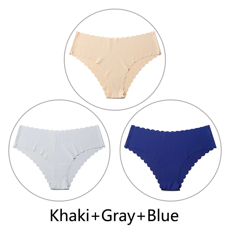 Khaki Gray Blue 3 шт./партия, сексуальные бесшовные трусики с оборками для женщин, полосатые трусы с низкой посадкой, цельное нижнее белье, женское нижнее белье, американский размер xs-l - Цвет: Khaki Gray Blue