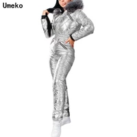 umeko winter womens hooded jumpsuits parka cotton padded warm sashes ski suit straight zipper one piece casual tracksuits