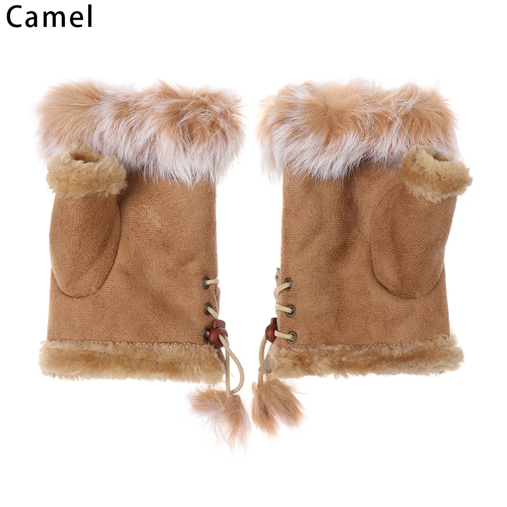 camel 1 пара модные замшевые кожаные перчатки меховая ткань запястья митенки без пальцев для женщин высокого качества половина пальца Женские варежки - Цвет: camel