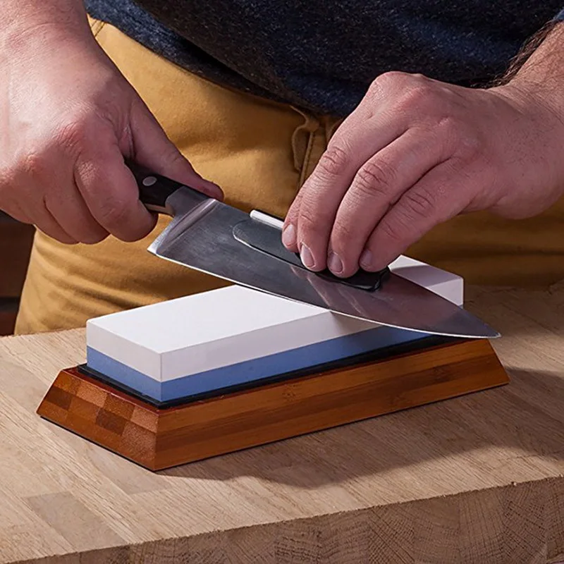 

Professionele Keuken Messenslijper Stone Double Side Wit Korund Whetstone Slijpsteen Japanse Slijpen Tool Bamboe Base