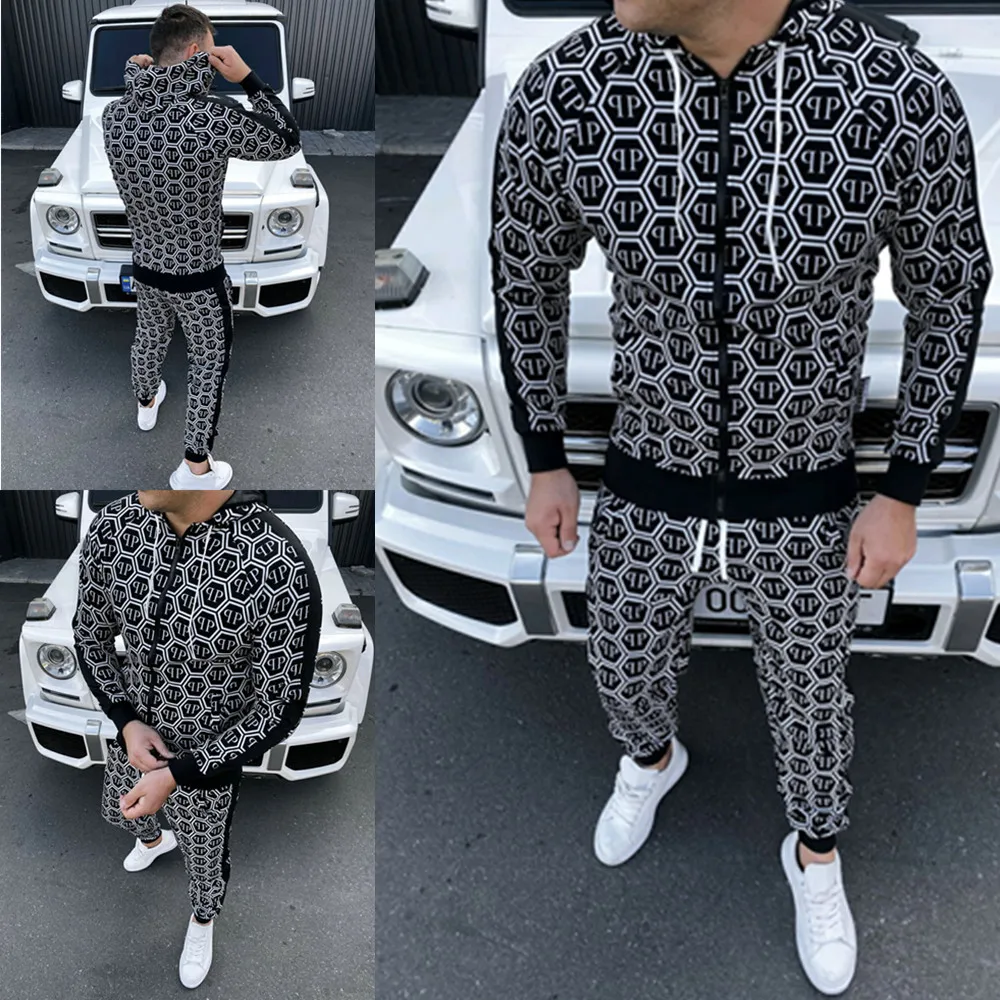 Men Fitness Suit Lattice Striped Letters Zipper With Hood Sports 2-piece Outdoor Sportswear Running | Спорт и развлечения