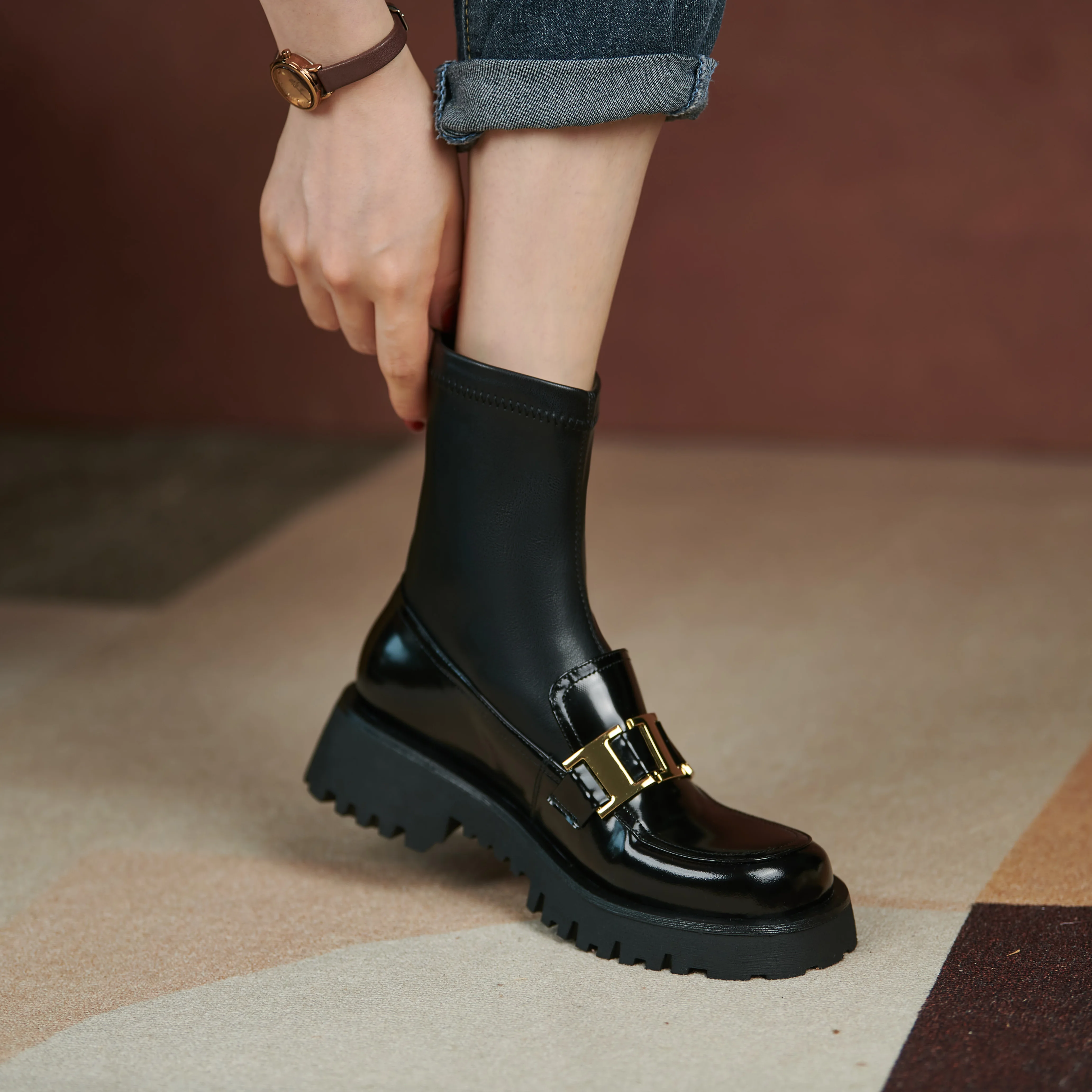 

2021 Autumn/Winter Women Shoes Women Boots Ankle Boots Zapatos De Mujer Stretch boots Chunky Boots Round Toe Genuine Leather