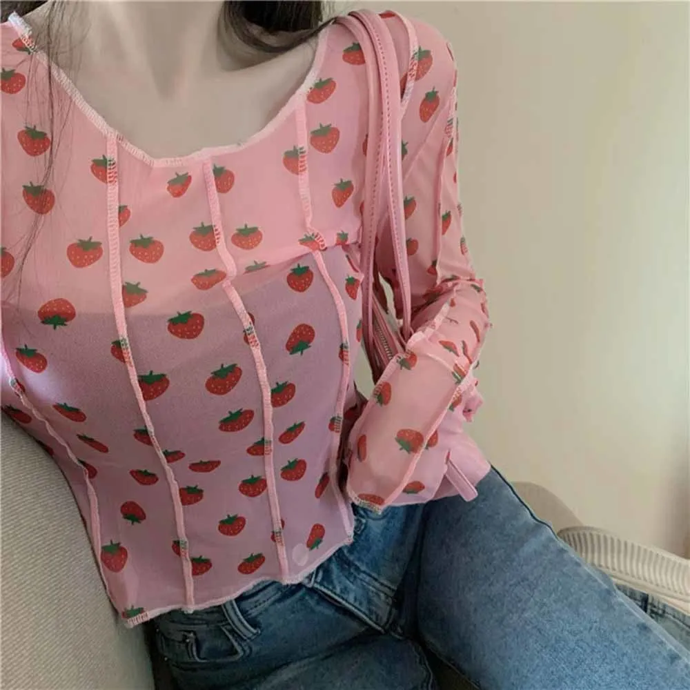 

Женская Сетчатая футболка с длинным рукавом и круглым вырезом