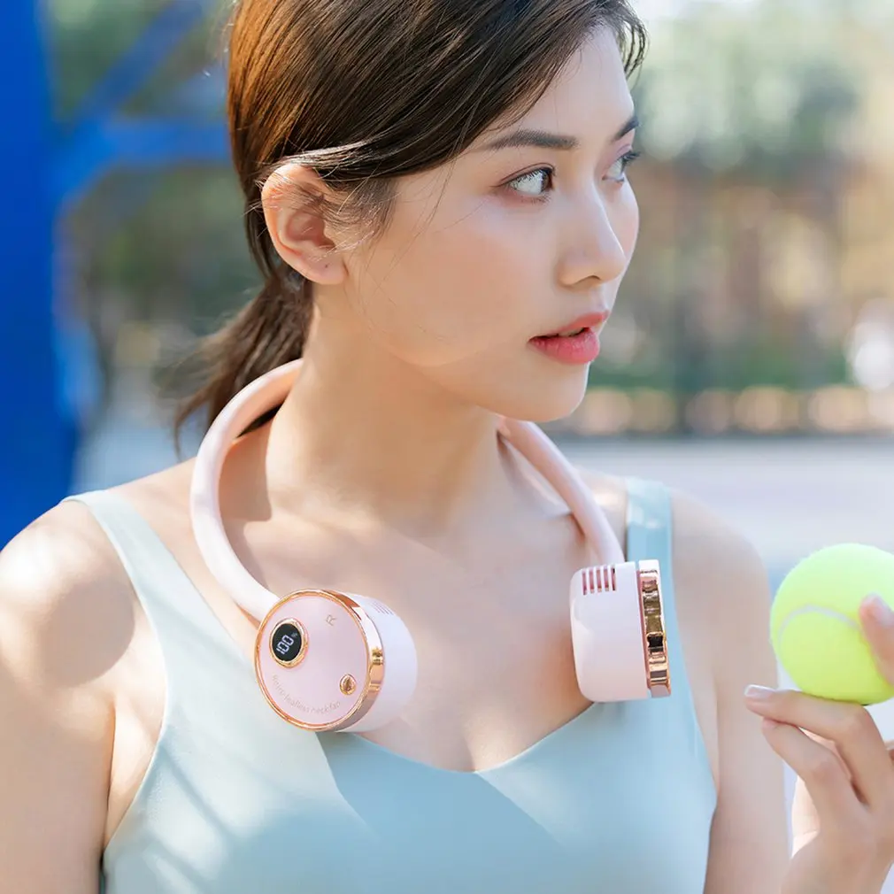 

New 2021 Led Digital Display Portable Fan Universal Hose Three Gear Wind Speed 2000mah Neck Fan For Indoor And Outdoor