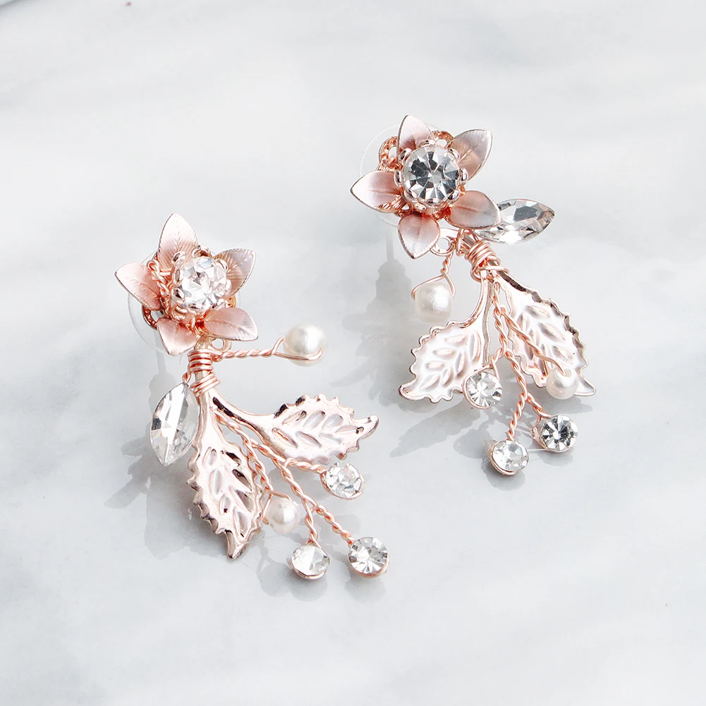Модные серьги капли из розового золота со стразами с цветочным узором и листьями
