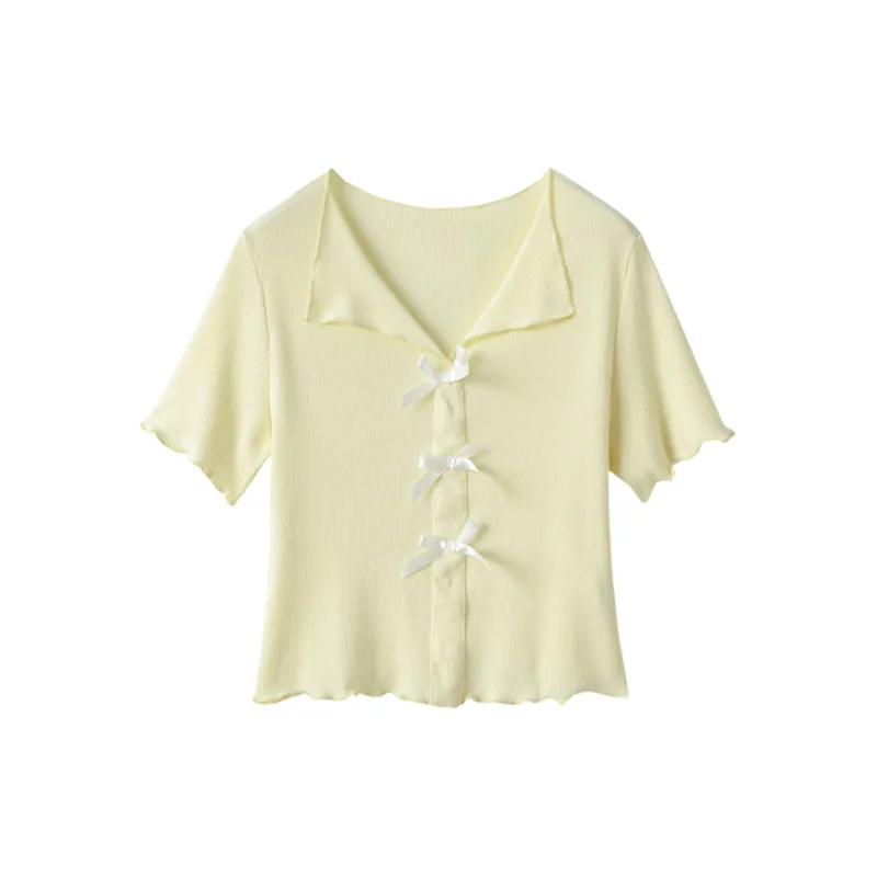 

White Yellow Thin V-neck Short-sleeved T-shirt Women Summer High Waist Sweet and Spicy Short Top New Literature